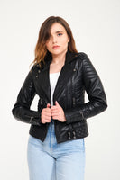 -DOUBLE ZIP- Slim Fit Women Leather Jacket ( Black )