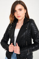 -DOUBLE ZIP- Slim Fit Women Leather Jacket ( Black )
