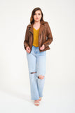 -DOUBLE ZIP- Slim Fit Women Leather Jacket ( Brown )