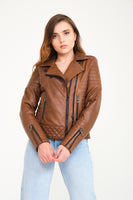 -DOUBLE ZIP- Slim Fit Women Leather Jacket ( Brown )