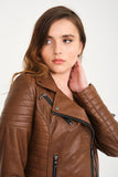 -DOUBLE ZIP- Slim Fit Women Leather Jacket ( Brown )