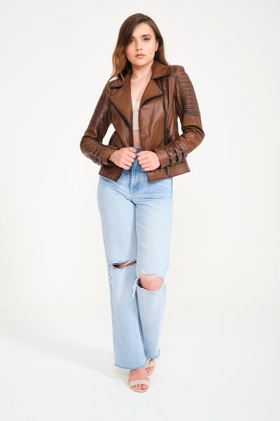 -BELGIUM- Slim Fit Women Leather Jacket ( Brown )