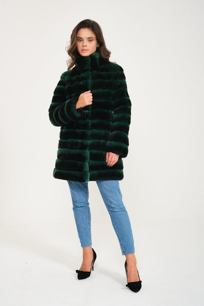 Women Chincilla Rex Long Jacket (Night Green)