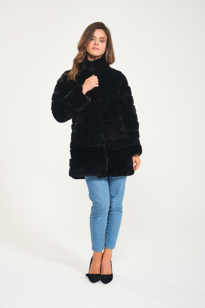 Women Chincilla Rex Long Jacket (Full Black)
