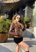 Lamb Skin Leather Jacket w/ Removable Raccoon Fur Collar (Brown)