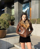 Lamb Skin Leather Jacket w/ Removable Raccoon Fur Collar (Brown)