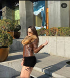 Lamb Skin Leather Jacket w/ Removable Raccoon Fur Collar (Brown)